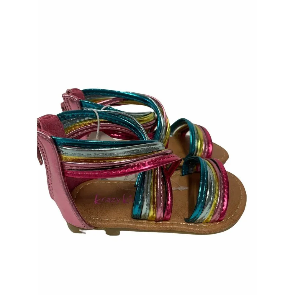 Rainbow Strappy Metallic‎ Sandals Back Zipper Closure Girls Size 5